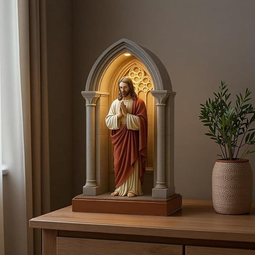 Jesusstatue, LED-Tischlampe, elegante heilige Herz-Jesus-Figur, beleuchtete Statue im gotischen Stil, Nische, religiöse Tischlampe, Dekoration für Zuhause (18,5 x 10,5 x 5 cm)