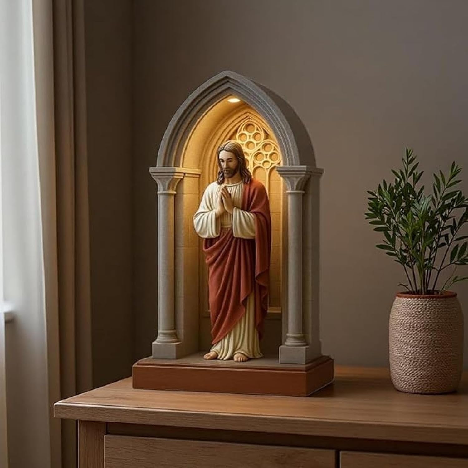 Jesusstatue, LED-Tischlampe, elegante heilige Herz-Jesus-Figur, beleuchtete Statue im gotischen Stil, Nische, religiöse Tischlampe, Dekoration für Zuhause (18,5 x 10,5 x 5 cm)