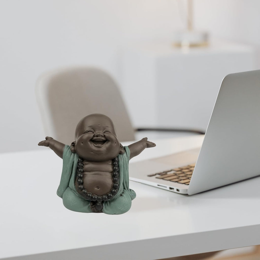 Lachender Buddha Willkommen - Glücksbringer Statue - Zen und Feng Shui Dekoration - für eine entspannende und spirituelle Atmosphäre - Geschenkidee - Breite: 9cm - Farbe: Grün und Braun - Zen'Light