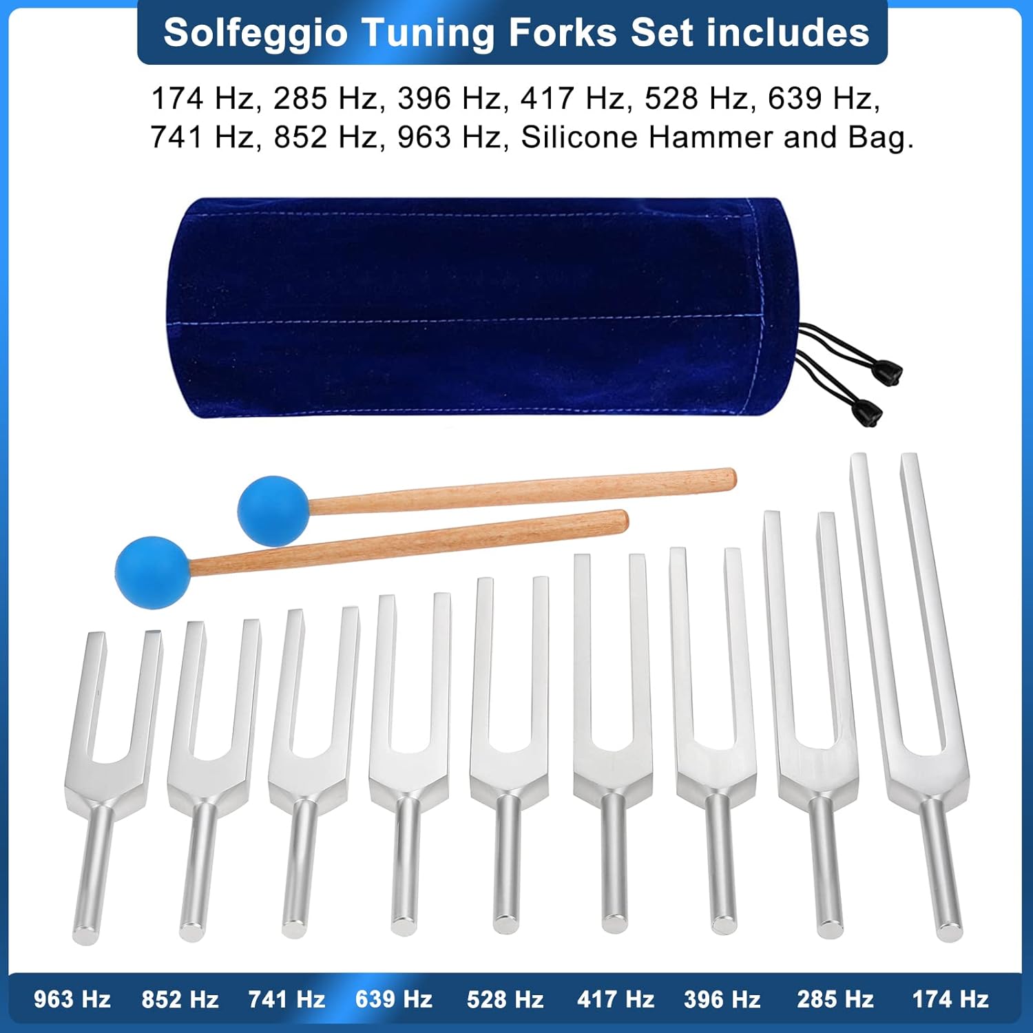 Dreld 9-Piece Solfeggio Tuning Fork Set with Silicone Hammer Bag, 174/285/396/417/528/639/741/852/963 Hz Aluminium Tuning Forks for DNA Repair, Healing, Sound Therapy, Medical Tuning Fork