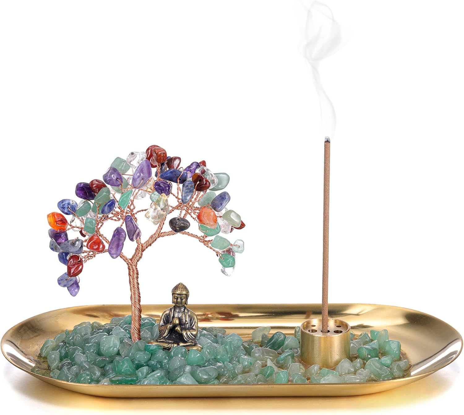 JSDDE 7 Chakra Edekstein Lebensbaum Deko mit 9 Loch Räucherstäbchen Halter Feng Shui Baum aus Heilstein Geldbaum Glücksbringer Zimmer Tisch Büro Dekoration