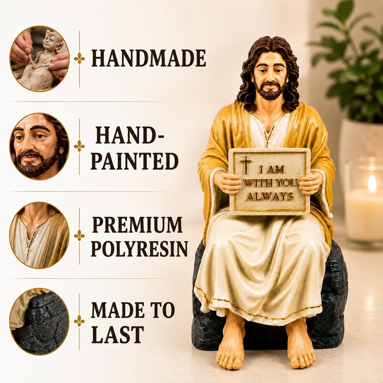 Jesus Christ Statue Peaceful | Handcrafted Polystone Marble Figurine with I Am with You Always Plaque | Christian Home Décor Jesus Resin Idol for Home, Prayer Corner, Altar & Gifting