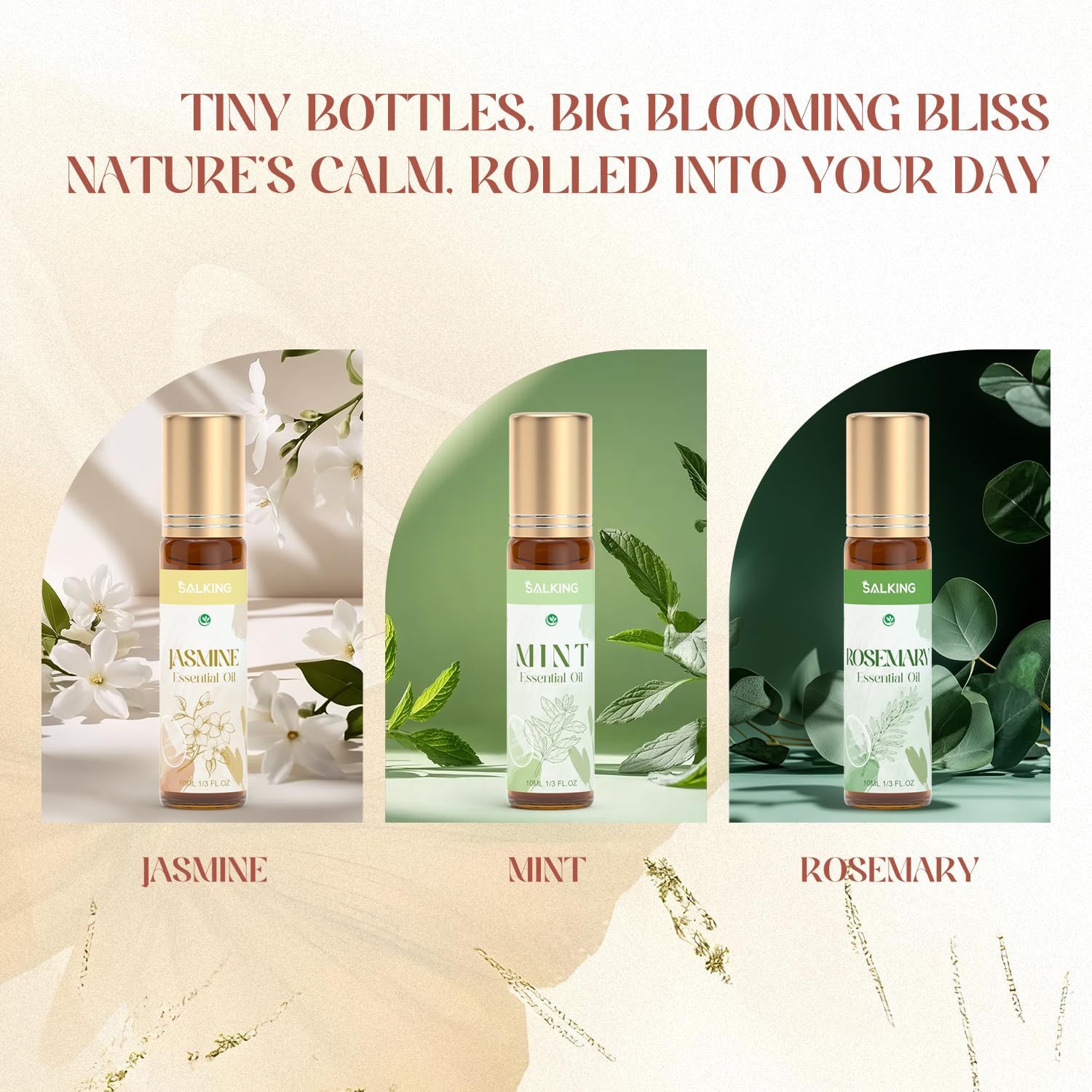 SALKING Aufrollen Ätherische Öle Set, Aromatherapie Blume Roll On Duftöl GeschenkSet, Duftöle für Diffuser Luftbefeuchter,6x10 ml Rose, Lavendel, Kirschblüte, Jasmin, Minze, Rosmarin