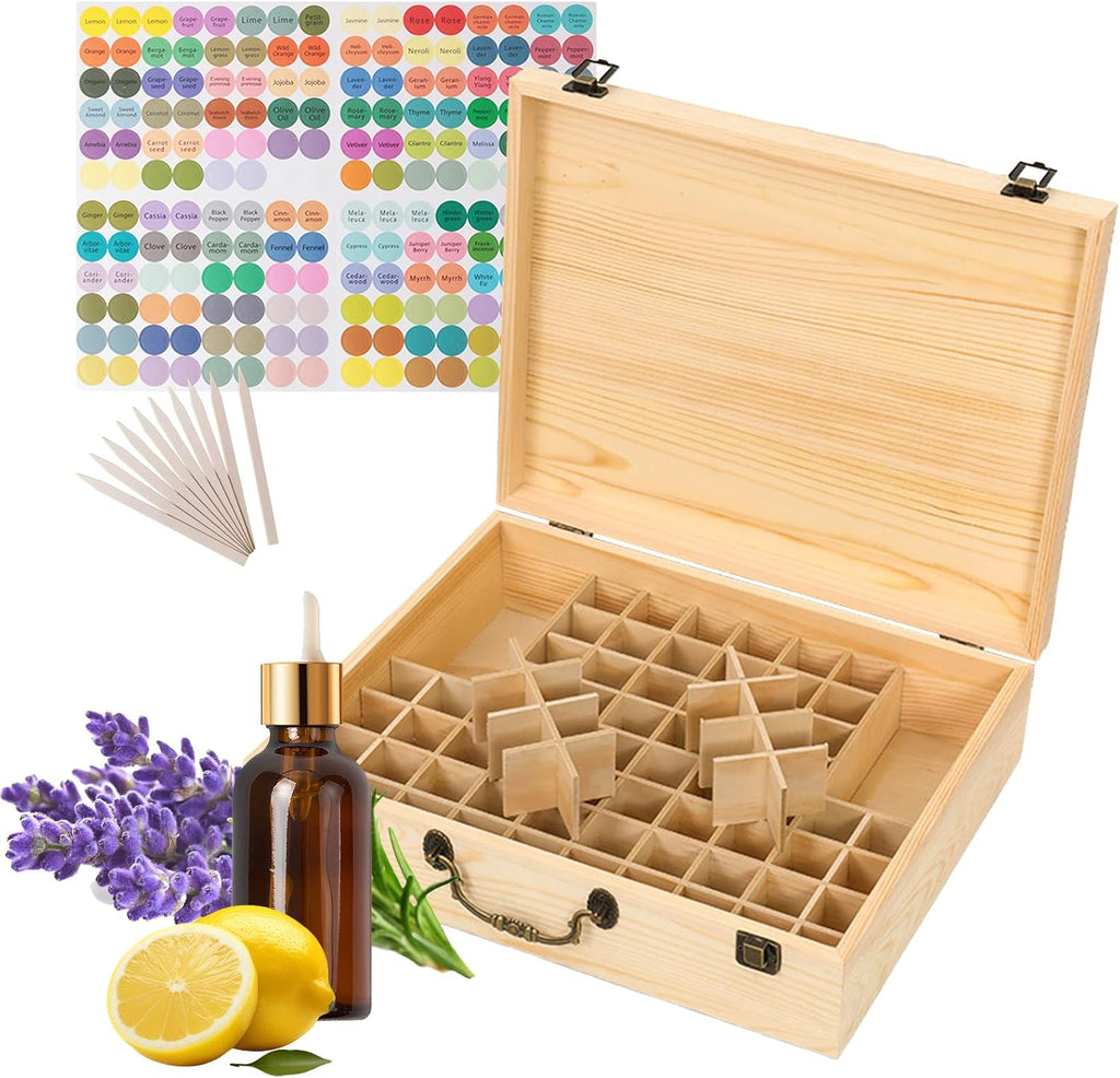 80 Löcher Ätherisches Öl Halter Regal aus Holz Aufbewahrungsbox Drehbarer Präsentationsständer Display Box Organisator, Tragbar Holz Aromatherapie Ätherische Öle Flaschen Koffer mit Deckel