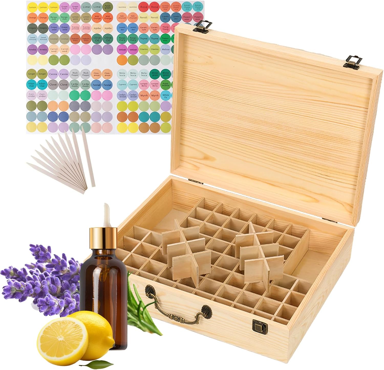 80 Löcher Ätherisches Öl Halter Regal aus Holz Aufbewahrungsbox Drehbarer Präsentationsständer Display Box Organisator, Tragbar Holz Aromatherapie Ätherische Öle Flaschen Koffer mit Deckel