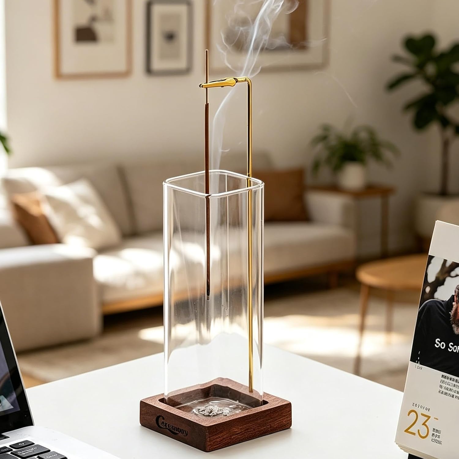 Ceremony Incense Holder,Wooden Incense Holder for Sticks with Ash Catcher | Anti-ash Incense Burner with 20 Incense Sticks and a Ash Brush for Meditation Yoga Spa Room Decor