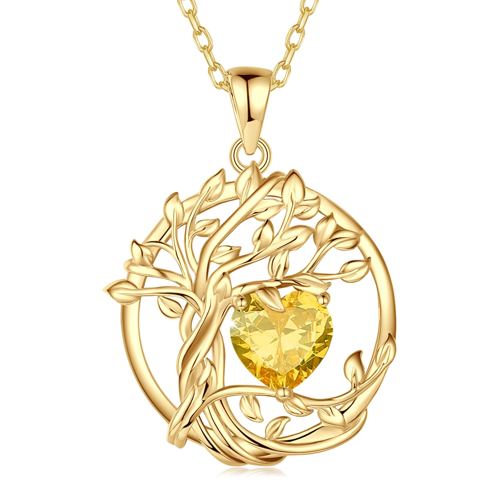 FANCIME Lebensbaum Geburtstein Kette für Damen Gelbgold Vergoldet Baum des Lebens Edelstein Anhänger Halskette Schmuck Geschenke für Damen Frauen Mädchen, Kettenlänge: 40+5 cm