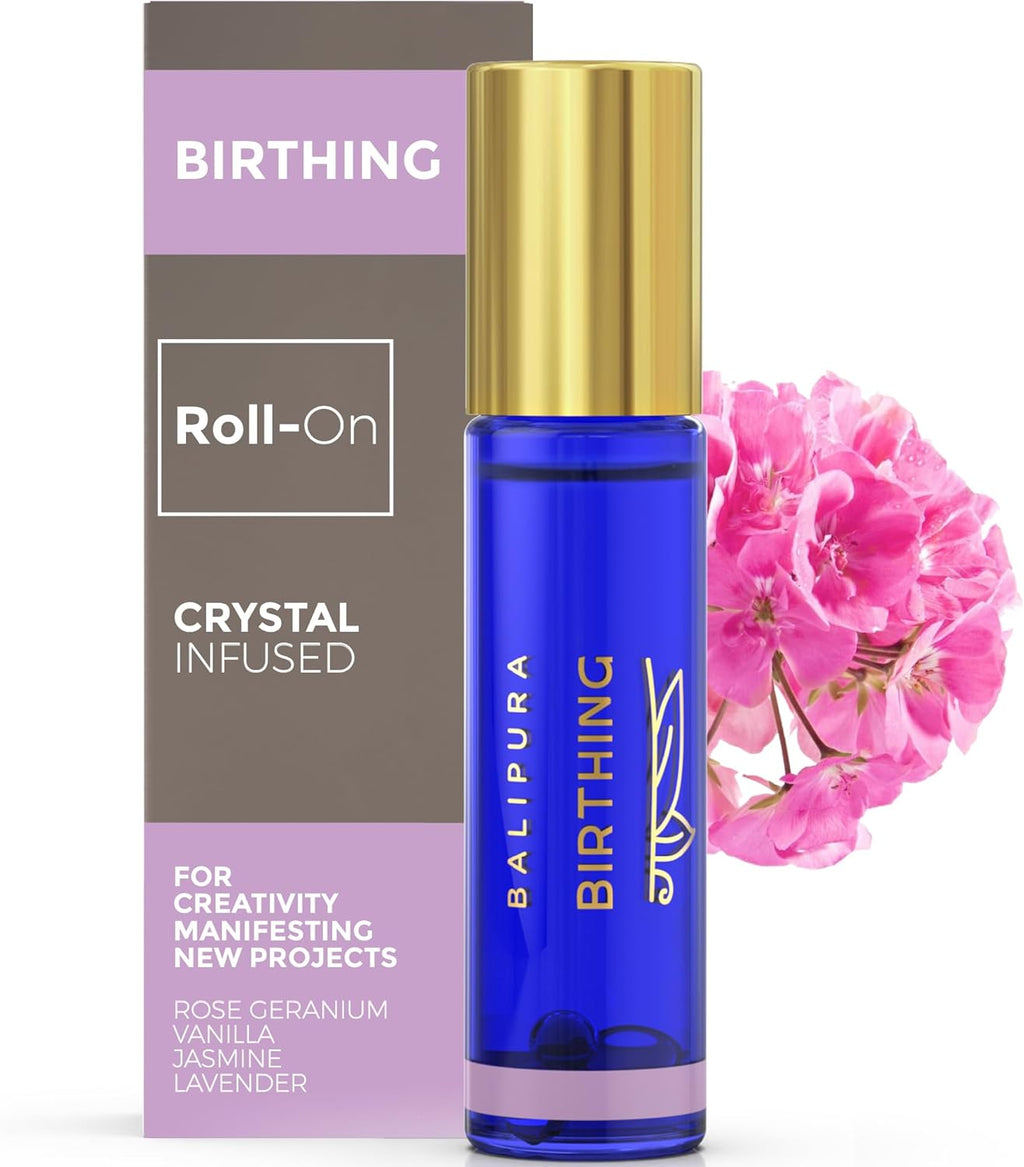 BALIPURA - "Birthing" Crystal Aura Roll On - Natural Healing Oil - Moonstone, Amethyst Gemstones & Crystals - Essential Oil Blends - 8 ml