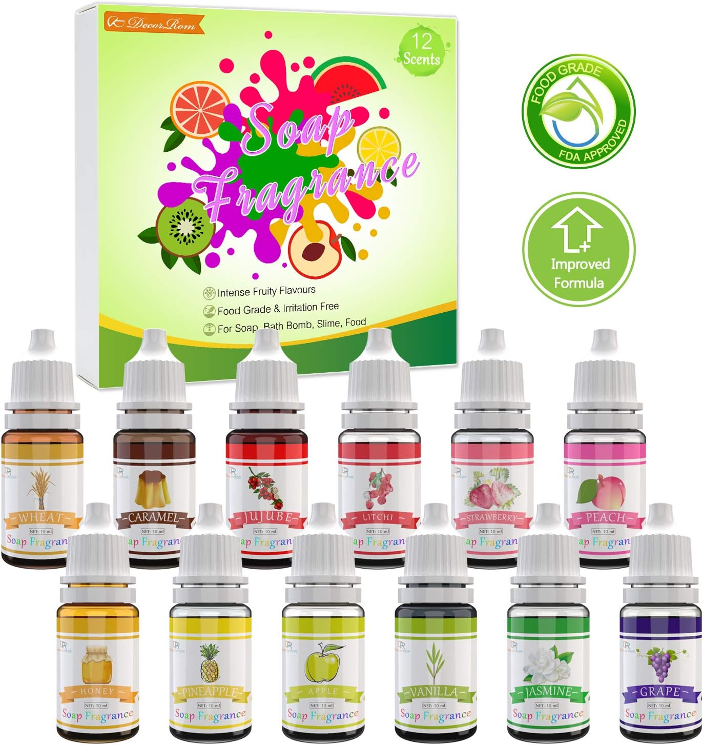 Seifenduftöl - 12 Flüssig Duftöl Seifen Duft Set zur Badekugeln, Seifenherstellung, Schleim - Konzentrierte Badebomben Fragrance Oil für Kosmetik, Kunst und Handarbeit - 10ml pro Stück