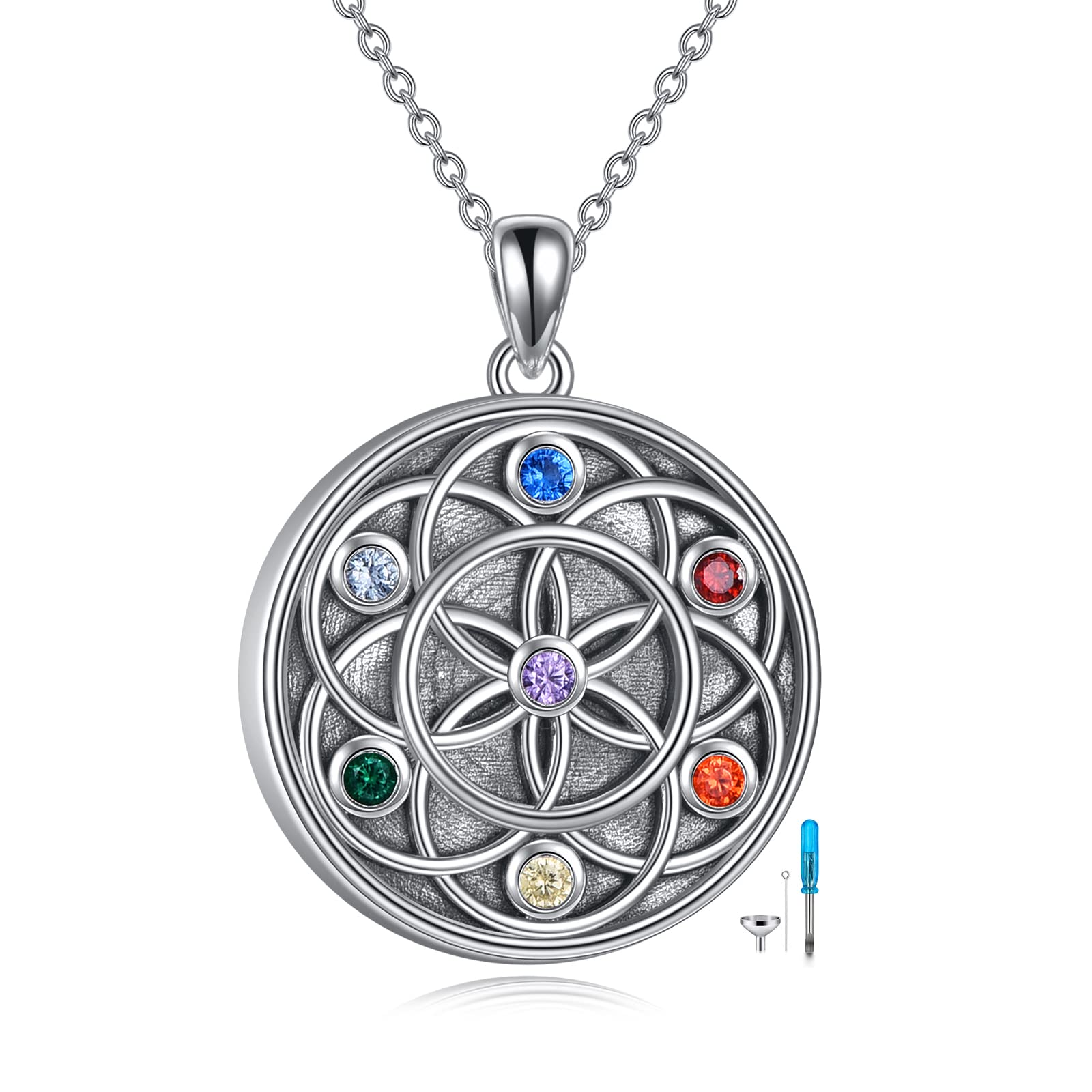 YFN 7 Chakra Necklace Sterling Silver Chakra Pendant Tree / Flower of Life Jewellery Chain Gift for Women Girls Men Boys