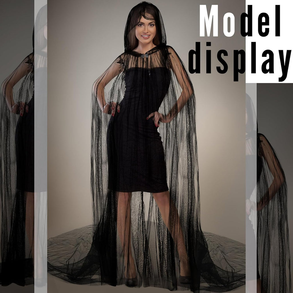 Hercicy Halloween Lace Cape Full Length Hooded Cloak Gothic Witch Sheer Cape for Cosplay Vampire Costume Wedding