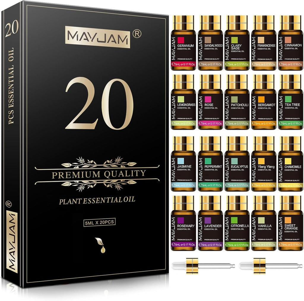 MAYJAM Ätherische Öle Set 20Pcs, Ätherisches Öl Geschenk Set für Diffusor, Luftbefeuchter - Lavendel Jasmin Eukalyptus Vanille Sandelholz Süßorange Rose Bergamotte und Mehr