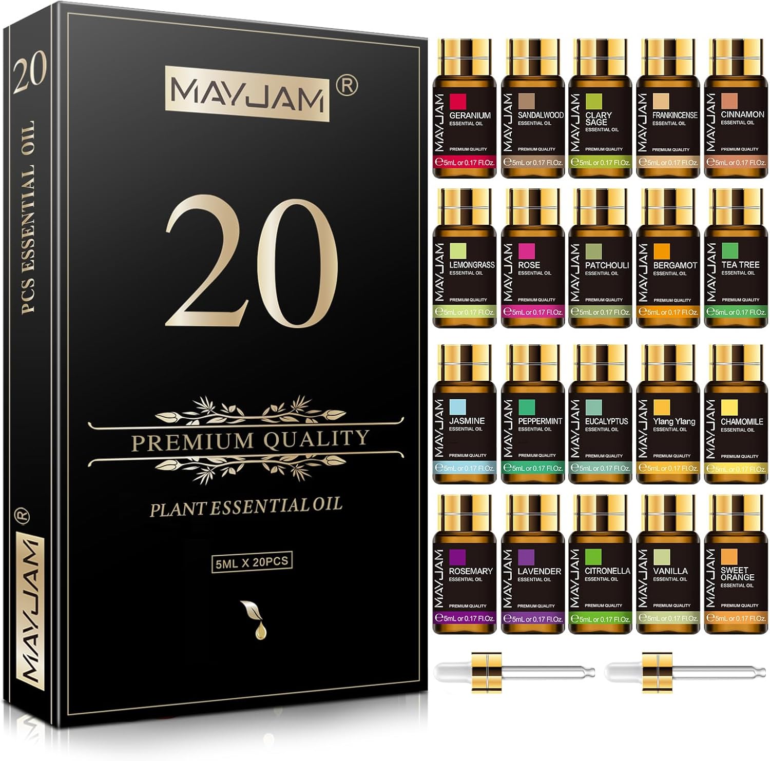 MAYJAM Ätherische Öle Set 20Pcs, Ätherisches Öl Geschenk Set für Diffusor, Luftbefeuchter - Lavendel Jasmin Eukalyptus Vanille Sandelholz Süßorange Rose Bergamotte und Mehr