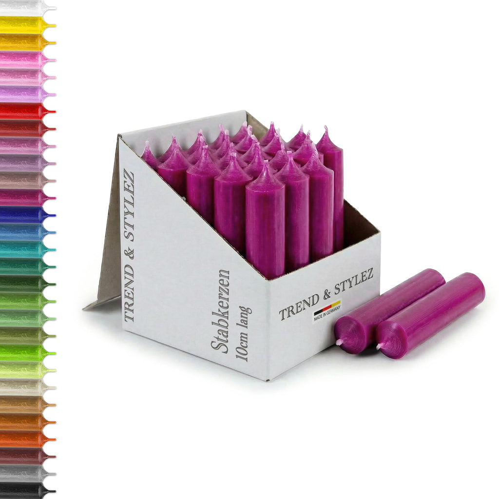 25 kurze Stabkerzen durchgefärbt 100x22mm | RAL Tafelkerzen mit 4h Brenndauer | Ohne Tropfen & Rußen | Leuchterkerzen für Deko | Made in Germany (Pink)