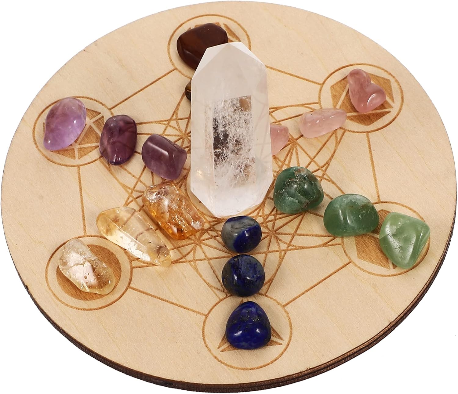 Artibetter Metatrons Cube Crystal Grid Sacred Geometry with Stone Chakra Raw Crystal Dots Mountain Sacred Geometry Wood Energy Grid Altars Supplies