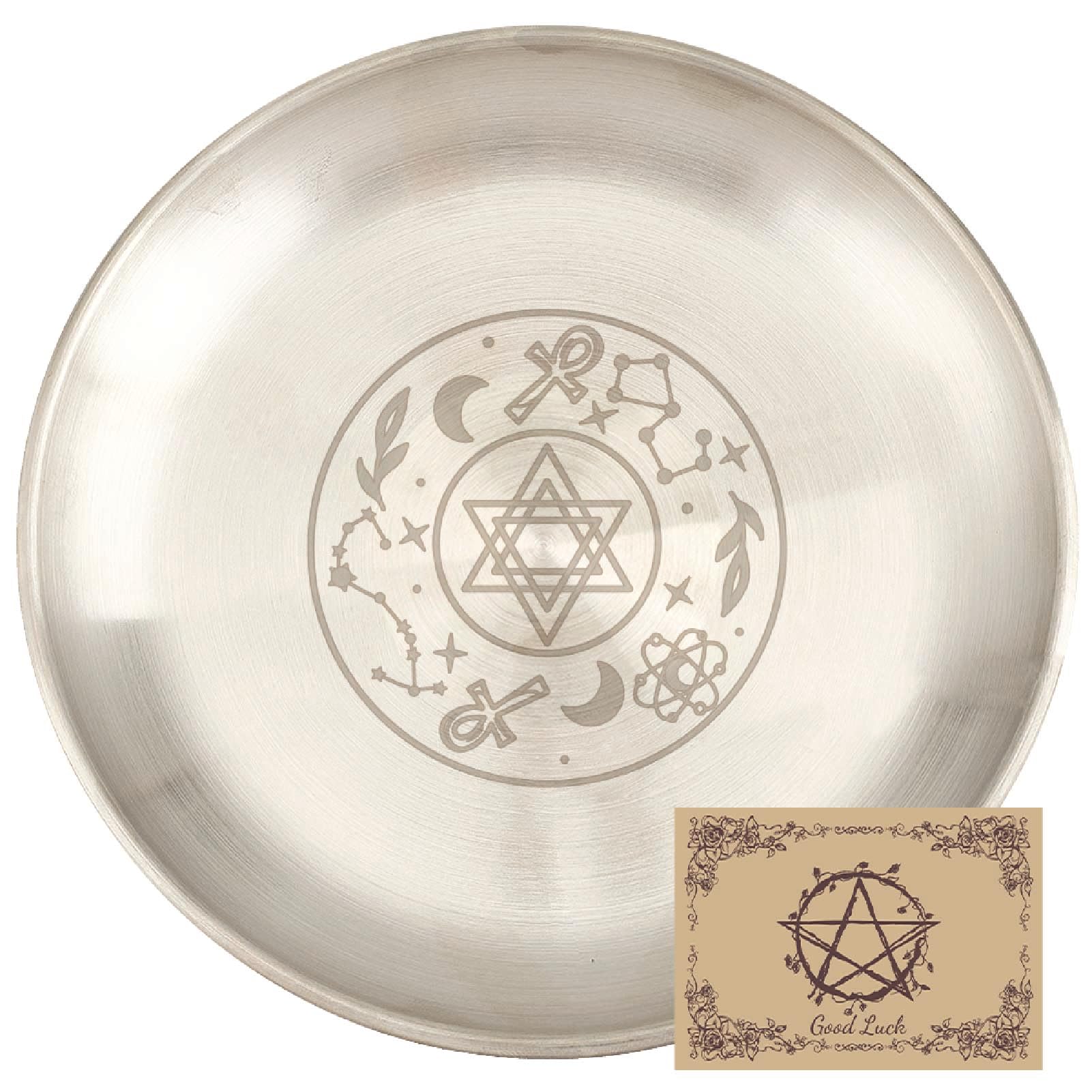 CREATCABIN Kreuz Opferschale Altar Ritualplatte Edelstahl Goldene Kristall Aufbewahrung Flache Schale Rundes Tablett Gebetsschale Kerzenhalter Schmuckschale Zum Räuchern Räuchergefäß 14x14cm