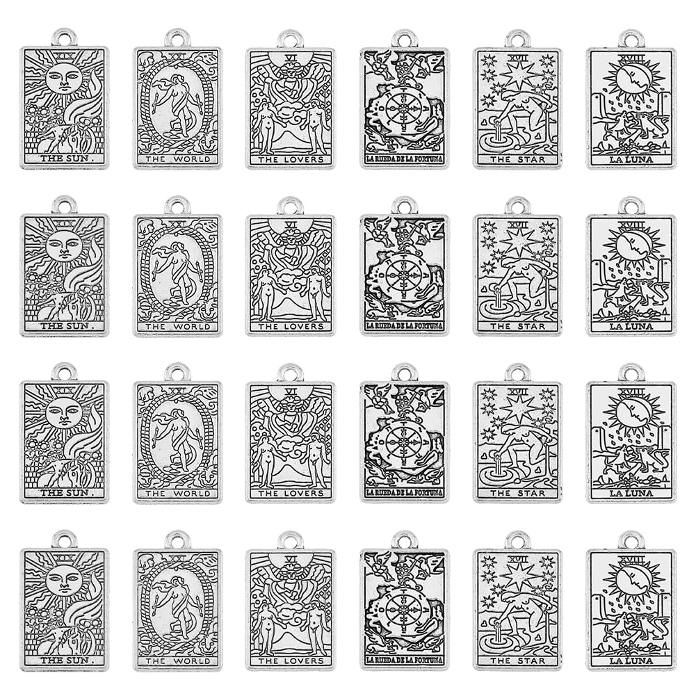DICOSMETIC Tarot Karten Charme Rechteckige Tarot Anhänger Goldene Silber Legierungsanhänger Astrologie Wahrsagerei Anhänger Glück Amulett Charme Für Die Schmuckherstellung