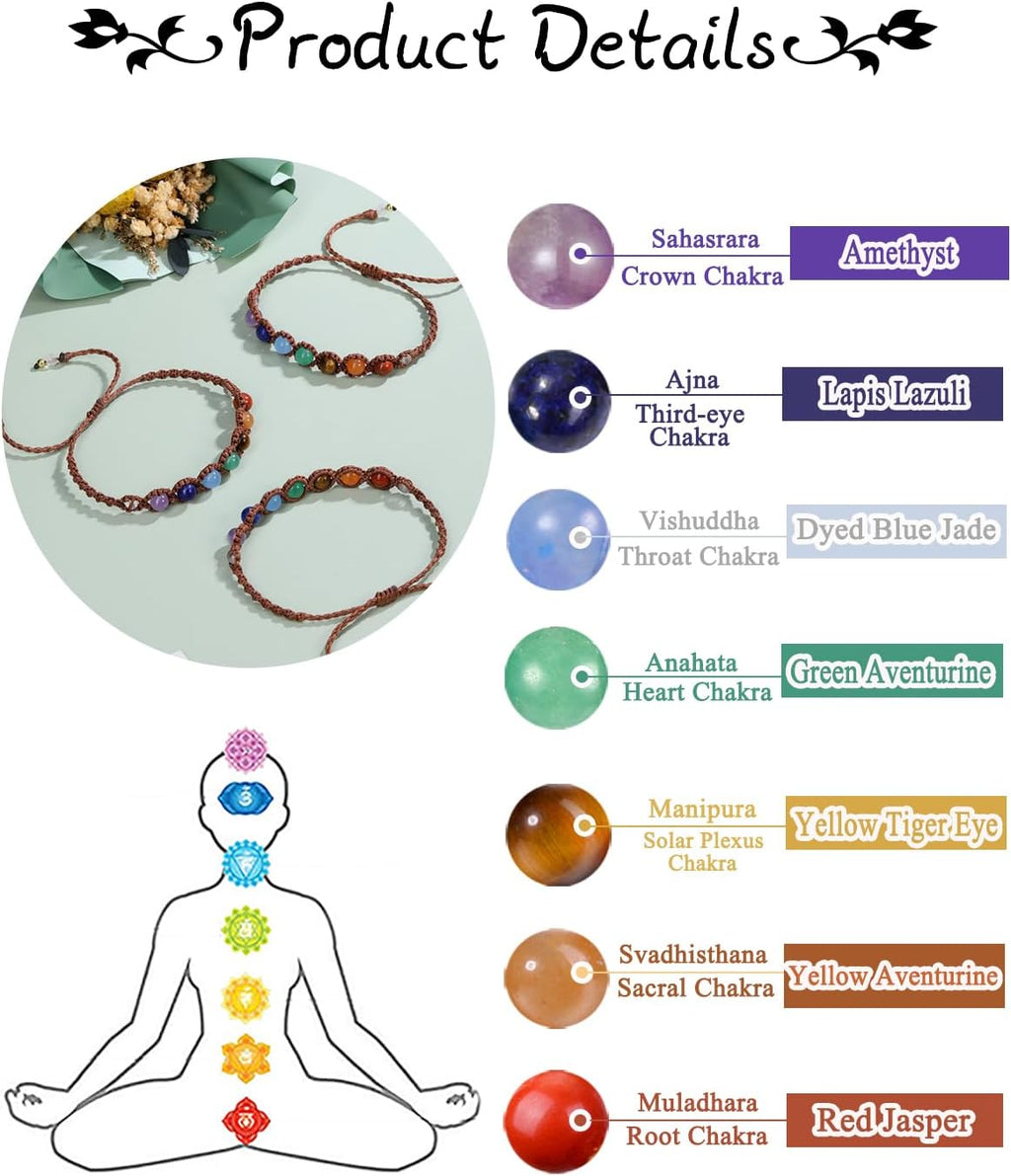 GEHECRST Edelstein 7 Chakra Armband - Heilsteine Einstellbare Armbänder, Yoga Glücksarmband, Healing Reiki Energietherapie Glückbringen Talisman