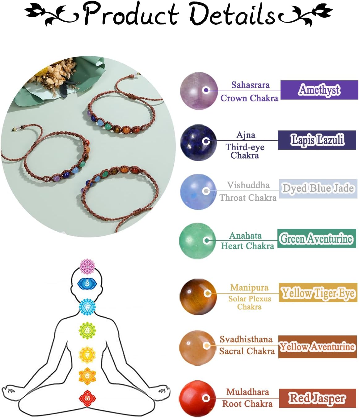 GEHECRST Edelstein 7 Chakra Armband - Heilsteine Einstellbare Armbänder, Yoga Glücksarmband, Healing Reiki Energietherapie Glückbringen Talisman