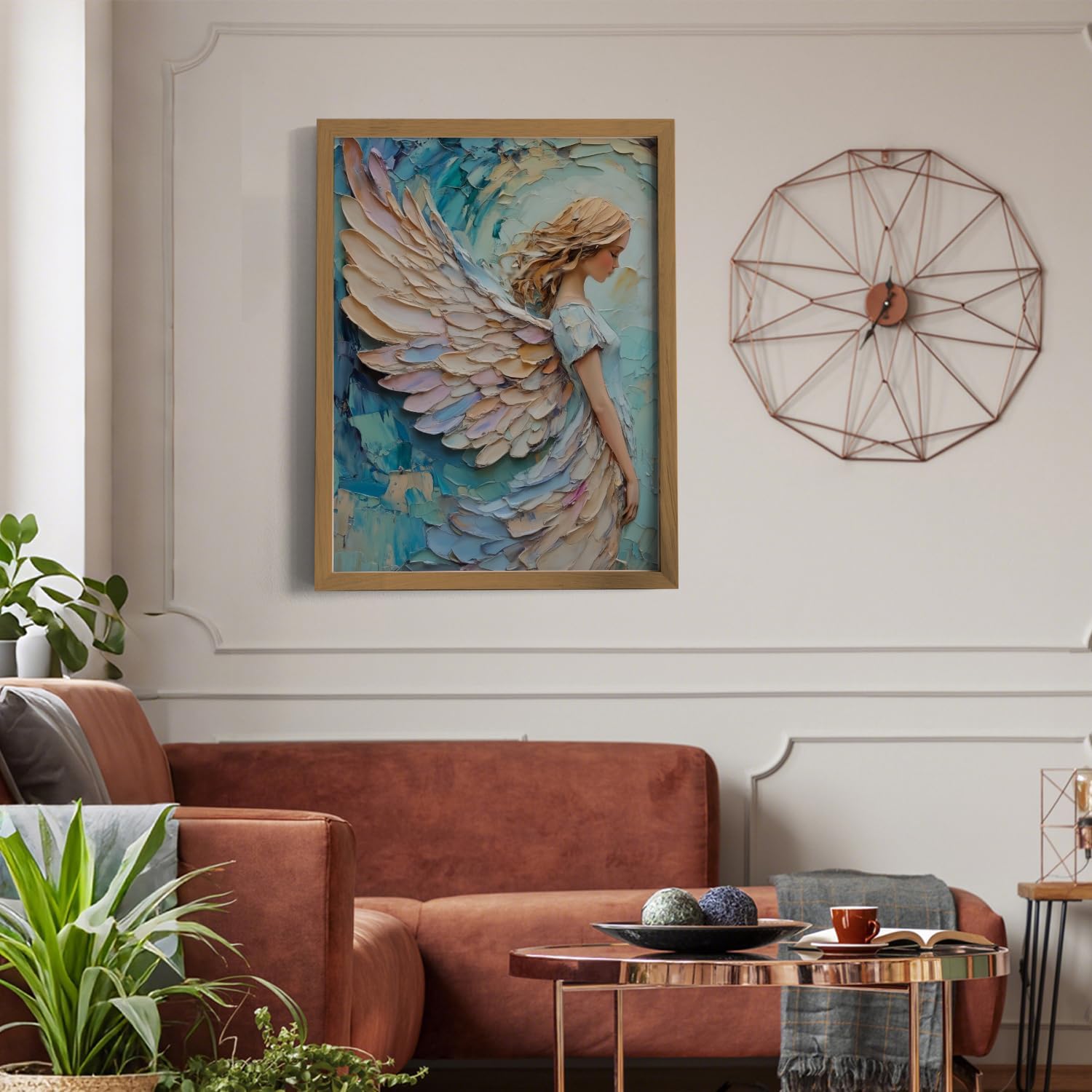 Praying Angel Wall Art – Spiritual Canvas Print, Colored Winged Angel Oil Painting Style Christian Religious Picture poster，Spiritual Blue and Pastel Tones Wall Decor for Bedroom, Prayer Room, Christian Gift, Wood Frame 12x16in