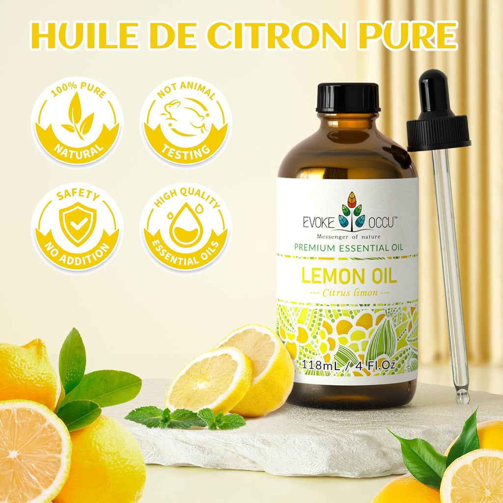 EVOKE OCCU Lemon Essential Oil 118 ml, Pure Lemon Oil for Home Diffuser, Massage, House Cleaning, 4 fl oz