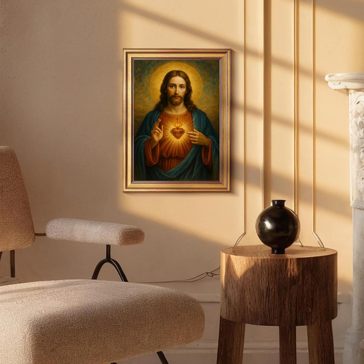 Vintage Gold Framed Wall Art 9x11 Inch Sacred Heart of Jesus Paintings Pictures Wall Decor Christian Canvas Poster Printing Artwork for Living Room Bedroom Prayer Room Home Decoration Ready to Hang