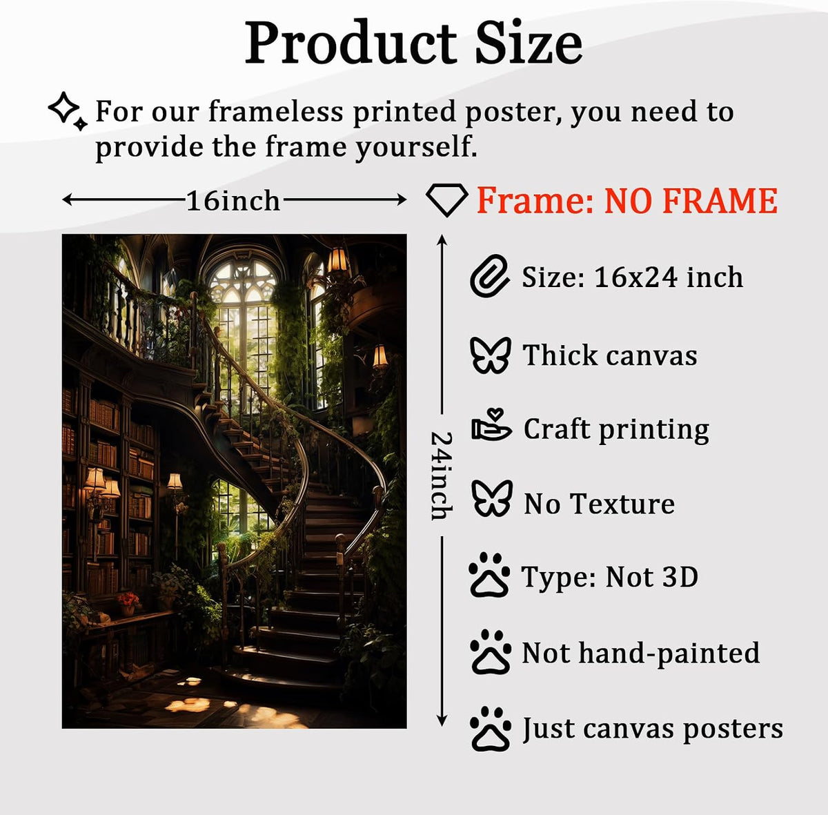 Dark Academia Library Wall Art Canvas Dark Cottagecore Painting Abandoned Wall Art Library Gothic Moody Botanical Picture Medieval Castle Poster Victorian Print Gothic Vintage Artwork 16x24in No Frame