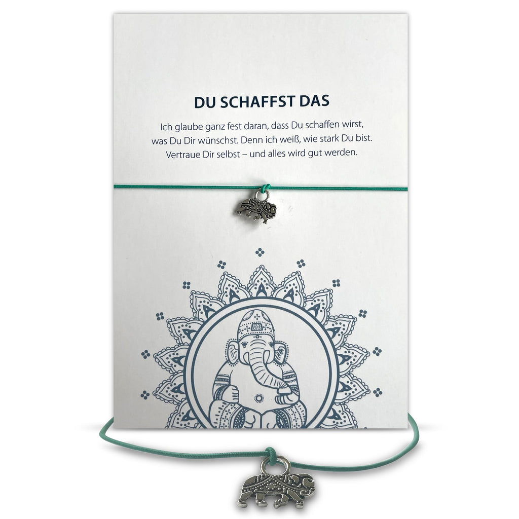 Glücksschmiedin - Mutmacher Geschenk, Motivations Postkarte mit Kraft Armband und Elefant Anhänger handgefertigt
