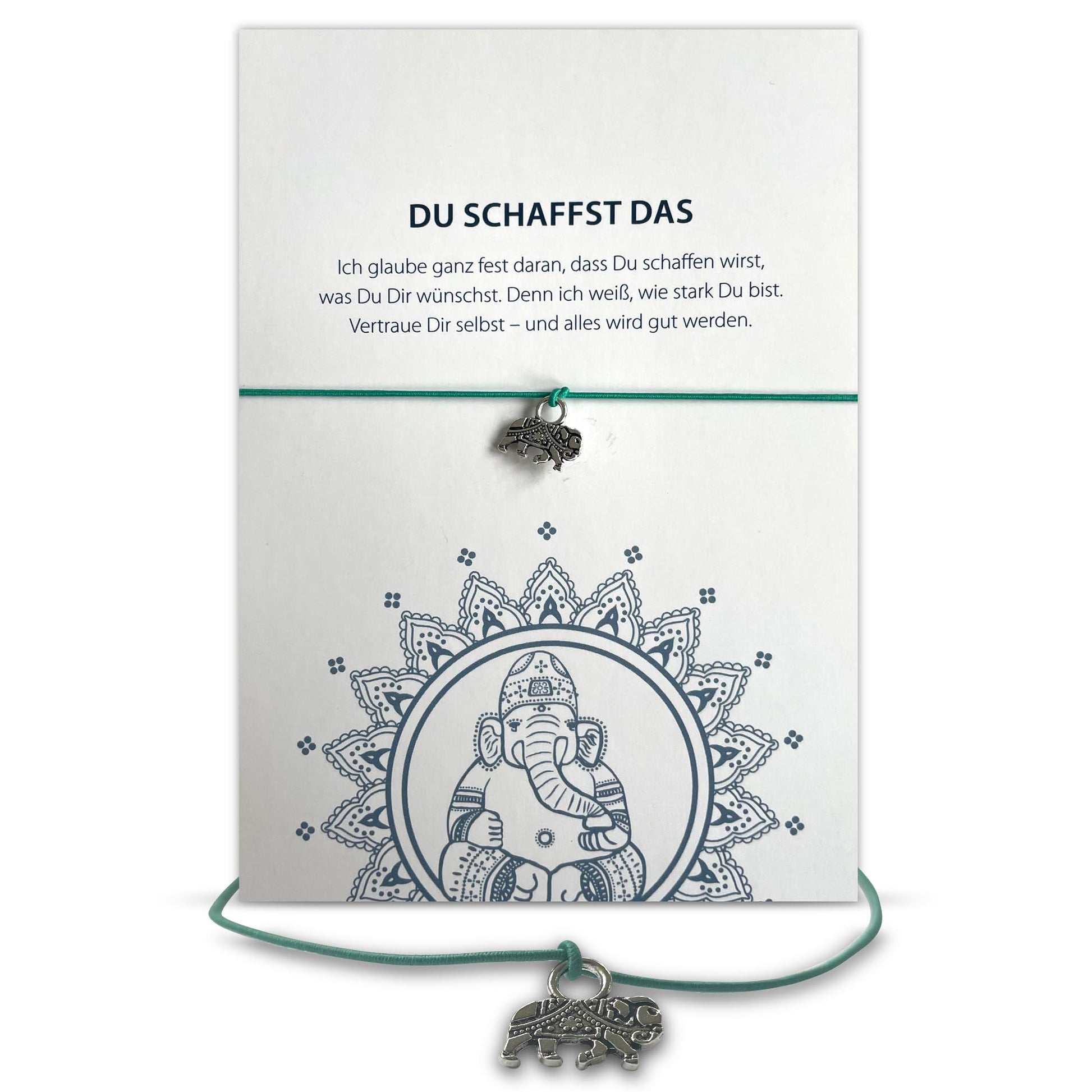 Glücksschmiedin - Mutmacher Geschenk, Motivations Postkarte mit Kraft Armband und Elefant Anhänger handgefertigt
