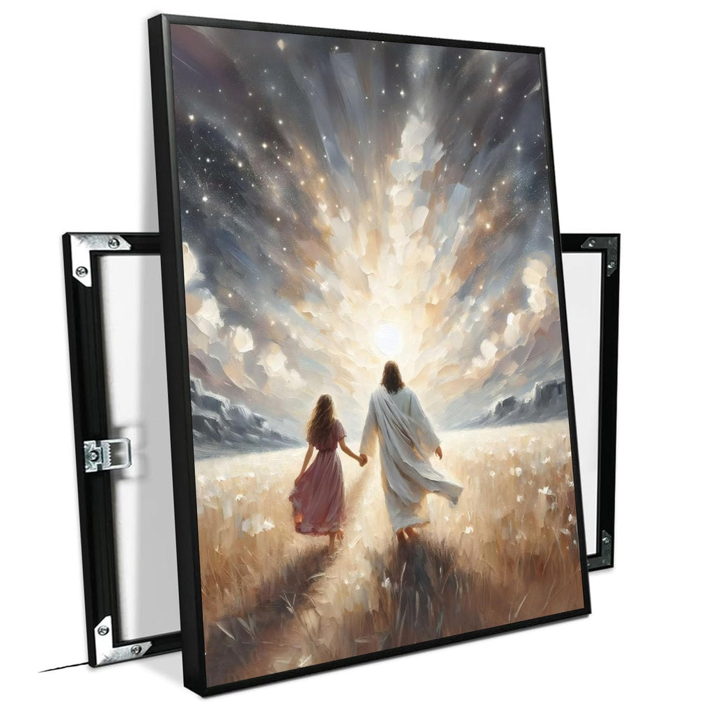 Jesus canvas painting spiritual artwork featuring a girl in a flowing white robe happily playing in a warm field of golden daisies. Adds a vibrant atmosphere to your home's sacred wall decor