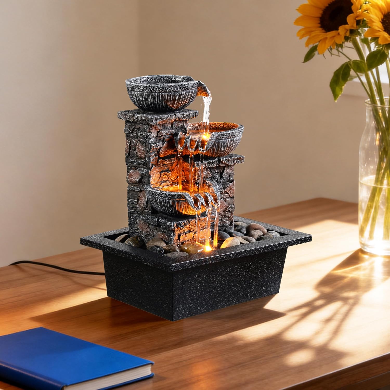 Kalona Tabletop Waterfall Fountain 3 Bowls with LED Light, Soothing Water Flow Sound, Zen Meditation Decor for Home and Office, Relaxation Water Fountains Indoor (23113)