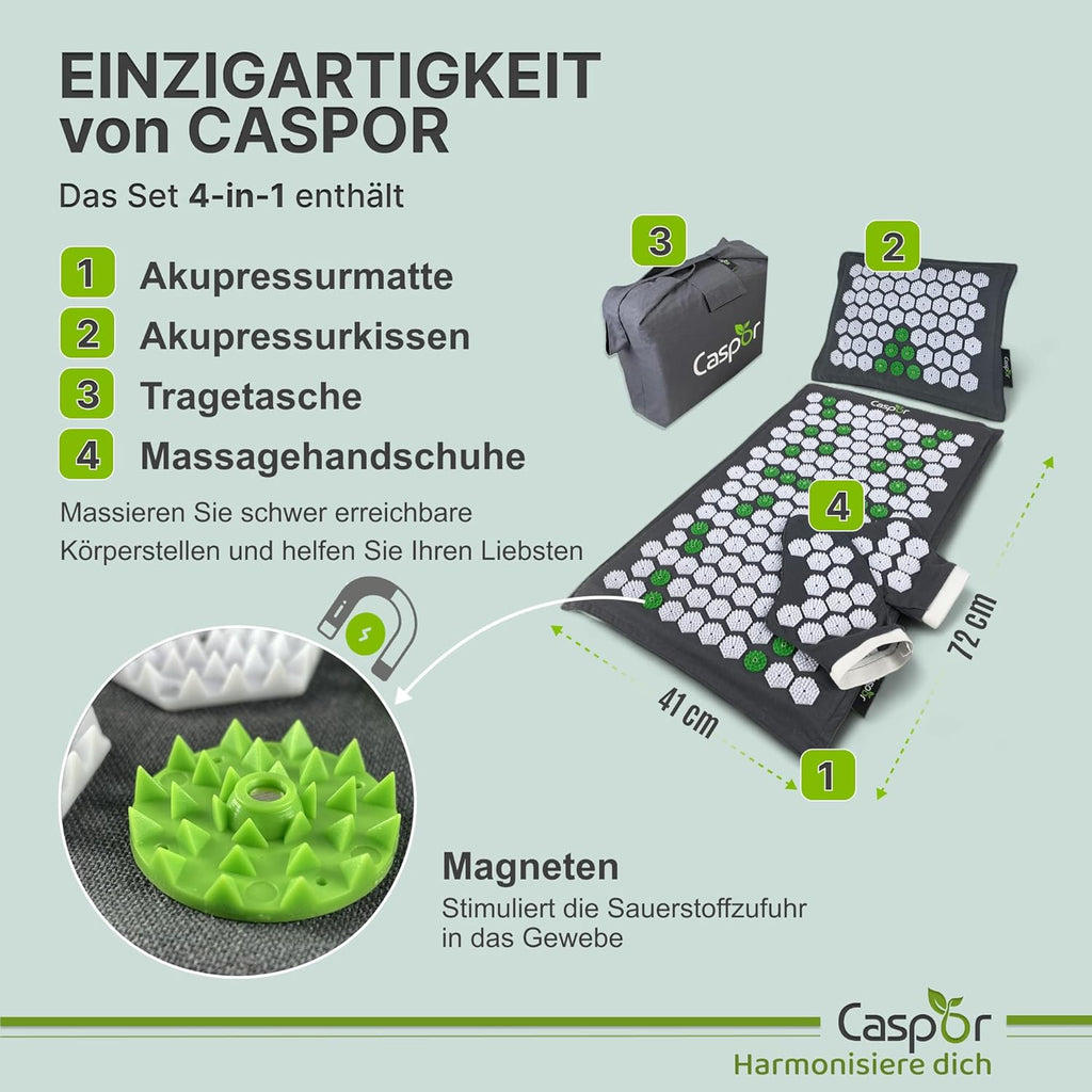 Akupressurmatte Set mit Kissen, Tasche, Massagehandschuhe, akupunktur matte, Entspannung geschenk, massagematte, akkupressmatte Hilfe bei Verspannungen, Rückenschmerzen - Caspor®