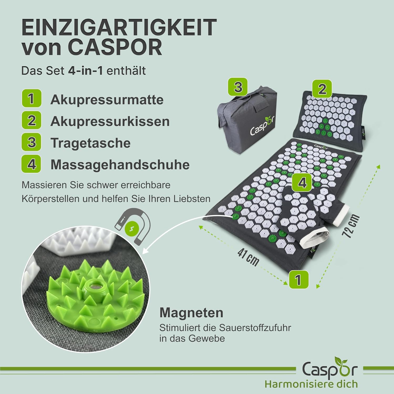 Akupressurmatte Set mit Kissen, Tasche, Massagehandschuhe, akupunktur matte, Entspannung geschenk, massagematte, akkupressmatte Hilfe bei Verspannungen, Rückenschmerzen - Caspor®