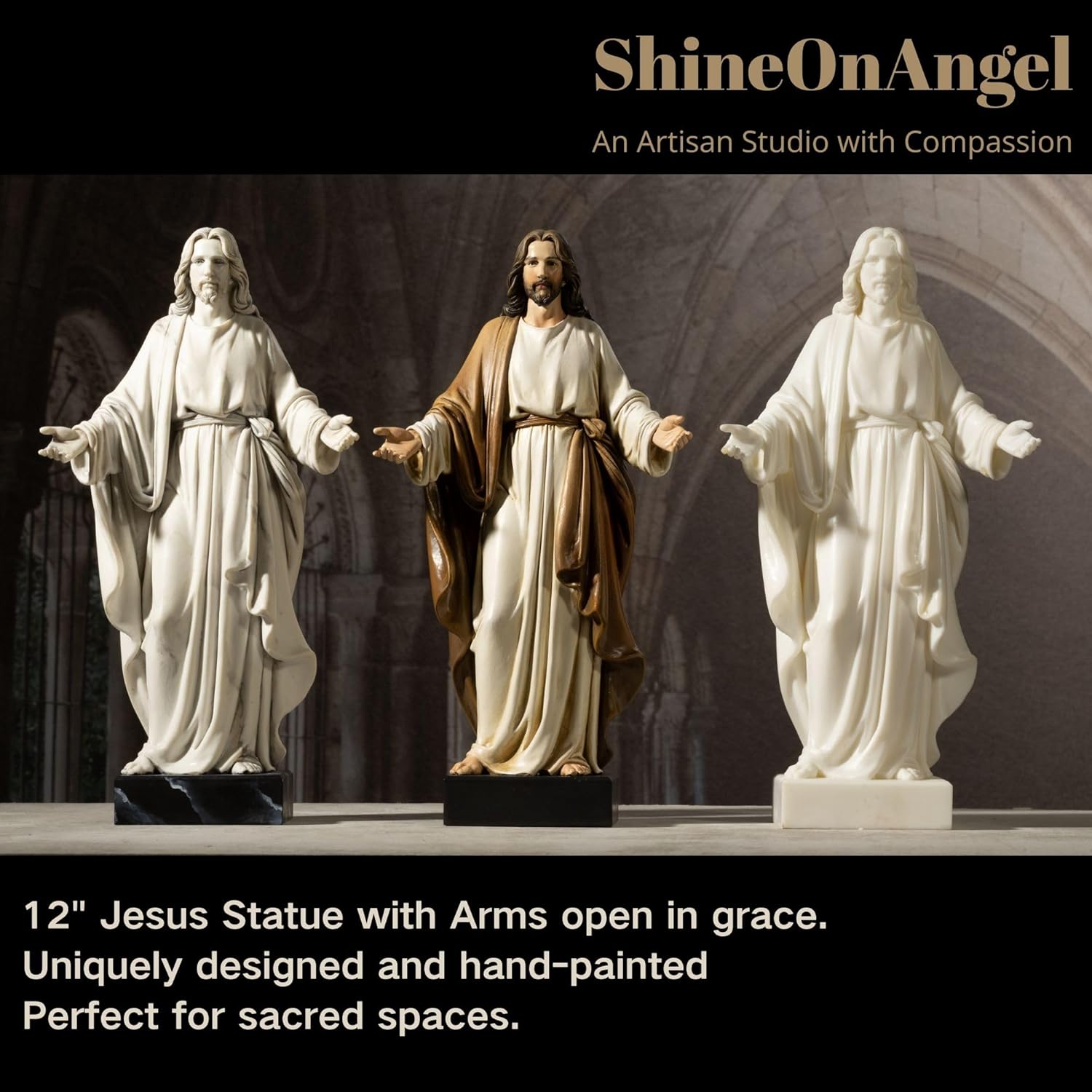 Jesus-Statue, handbemalt, Marmor-Optik, Jesus Christus mit offenen Armen, religiöse Heimdekoration, Kunstharz-Skulptur christliche Heimdekoration, 30,5 cm