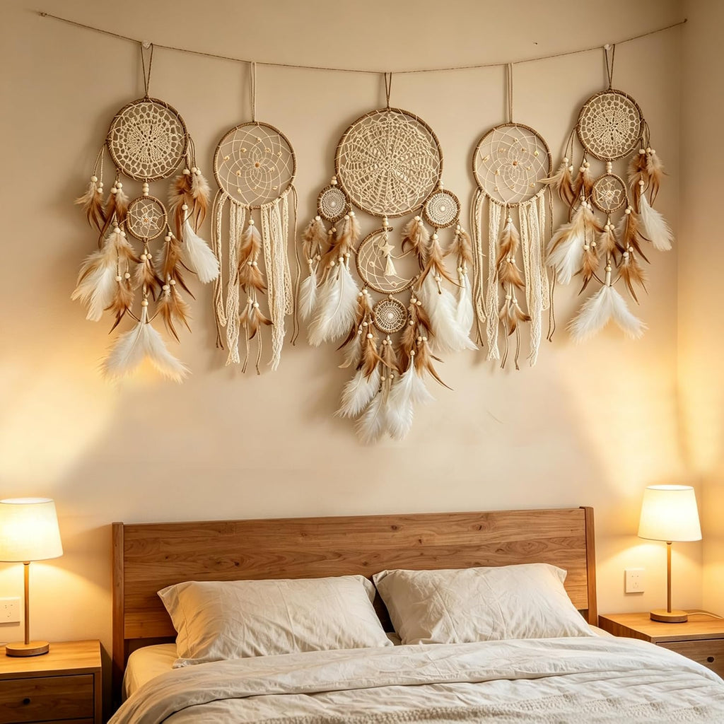 5 Pack Moon Phase Dreamcatcher Set Boho Wall Decor, Boho Macrame Wall Hanging Dream Catchers, for Home, Bedroom, Living Room, Witchy Gifts (Hemp Rope)