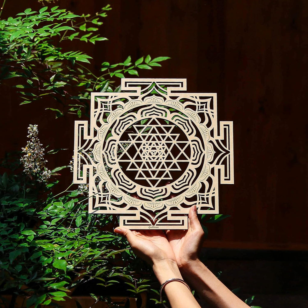 Qallicon Sri Yantra Mandala Sacred Geometry Wall Art Crystal Grid Chakra Wood Yoga Wall Decor Meditation Altar Zen Spiritual Gifts