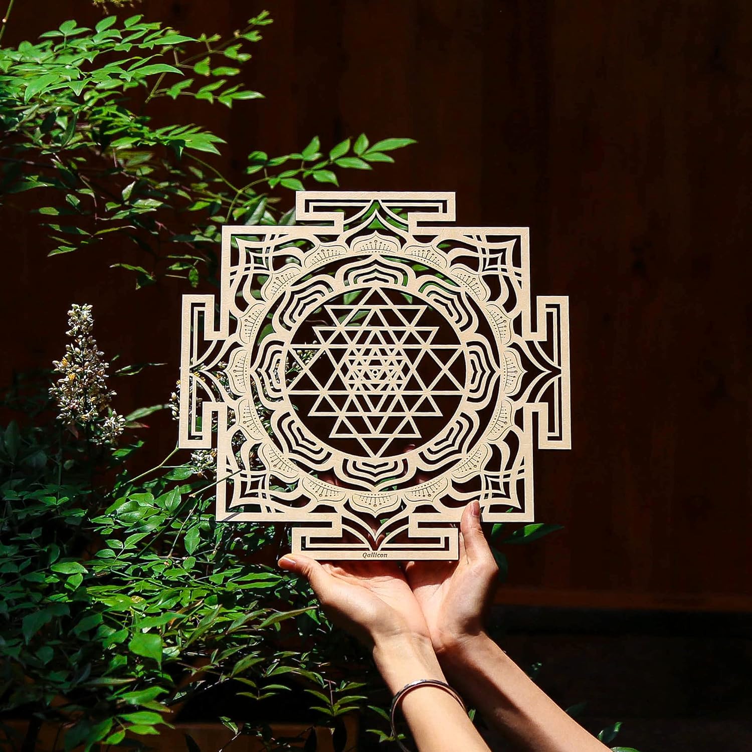 Qallicon Sri Yantra Mandala Sacred Geometry Wall Art Crystal Grid Chakra Wood Yoga Wall Decor Meditation Altar Zen Spiritual Gifts