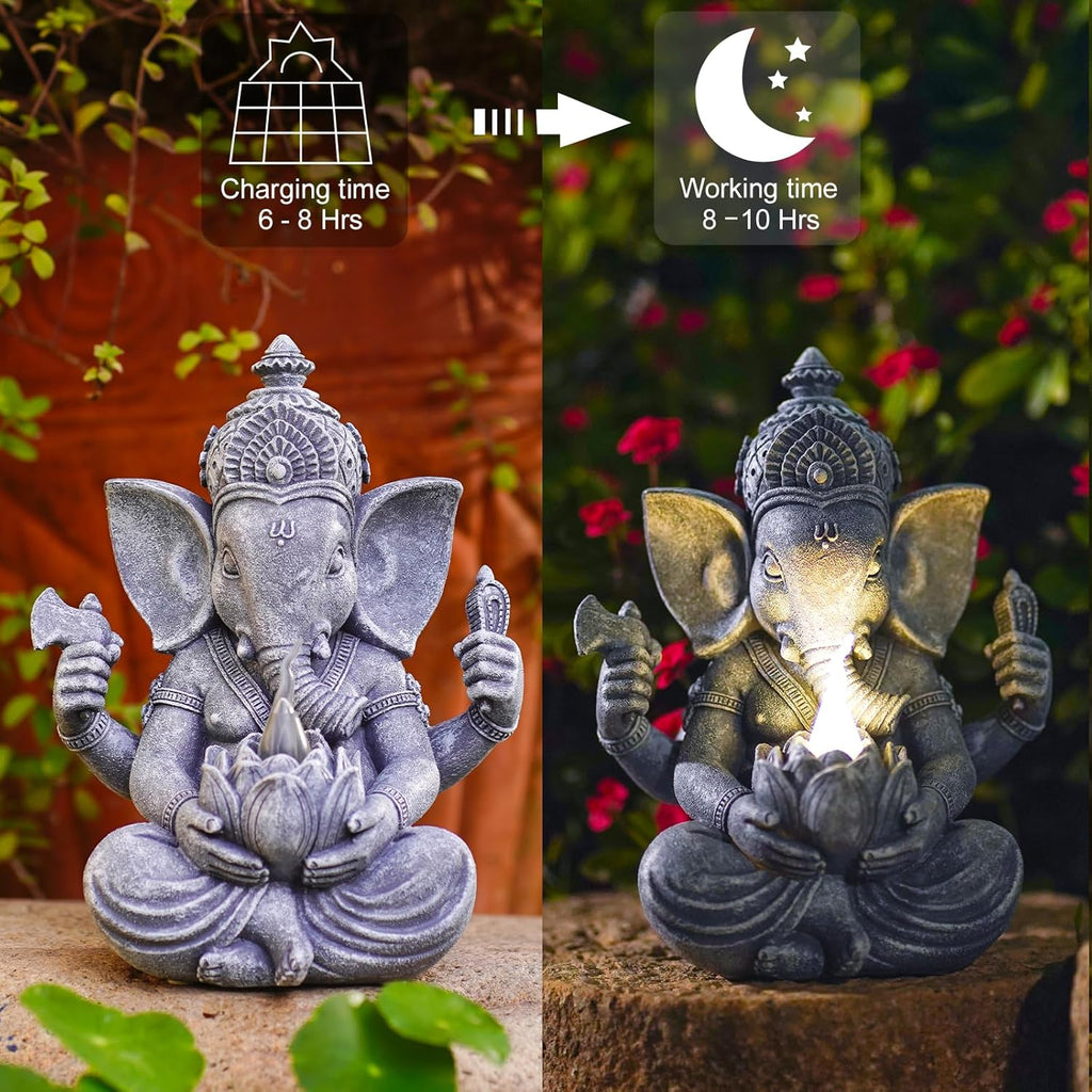 Ganesha Figur Buddha mit Solarlampen für Deko Wohnzimmer Schreibtisch Zubehör : Ganesha Zen Garten Buddha Figur Geschenke für männer Frauen Mama Wetterfest Zimmer Balkon Dekoration Grau 20CM