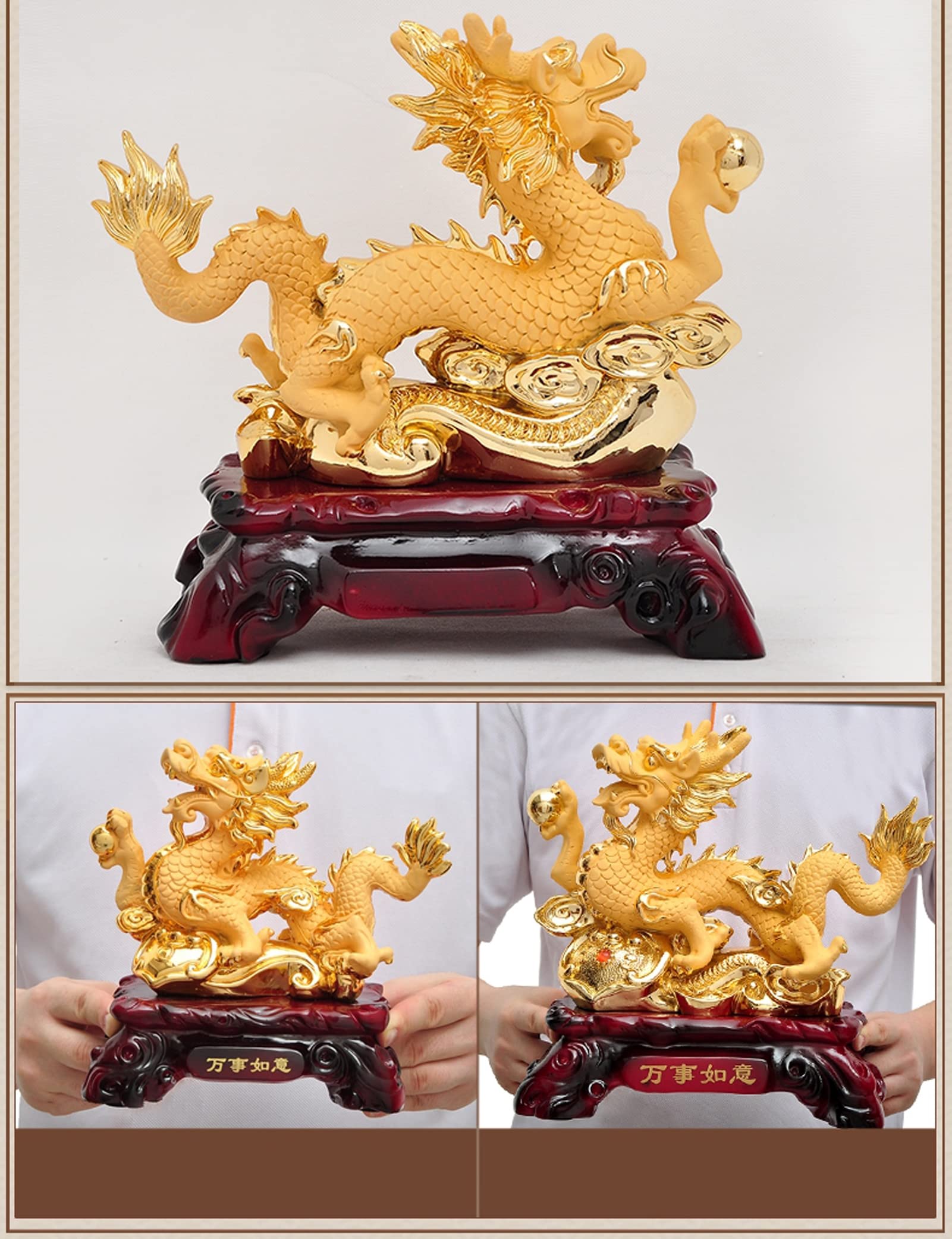 Uziqueif Feng Shui Geld Glück Glücklicher Vermögen Reichtum Chinesische Drache Statue Münze Home Büro Dekoration Tischtischornamente Gute Glücksgeschenke, Harz,Gold,33 * 17 * 31cm