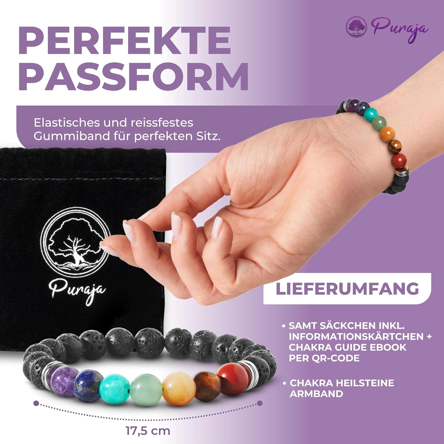 PURAJA Chakra Armband aus echten Edelsteinen | Premium Naturstein Armband | Für mehr Harmonie & Balance | 7 Chakra und Lavastein Perlen