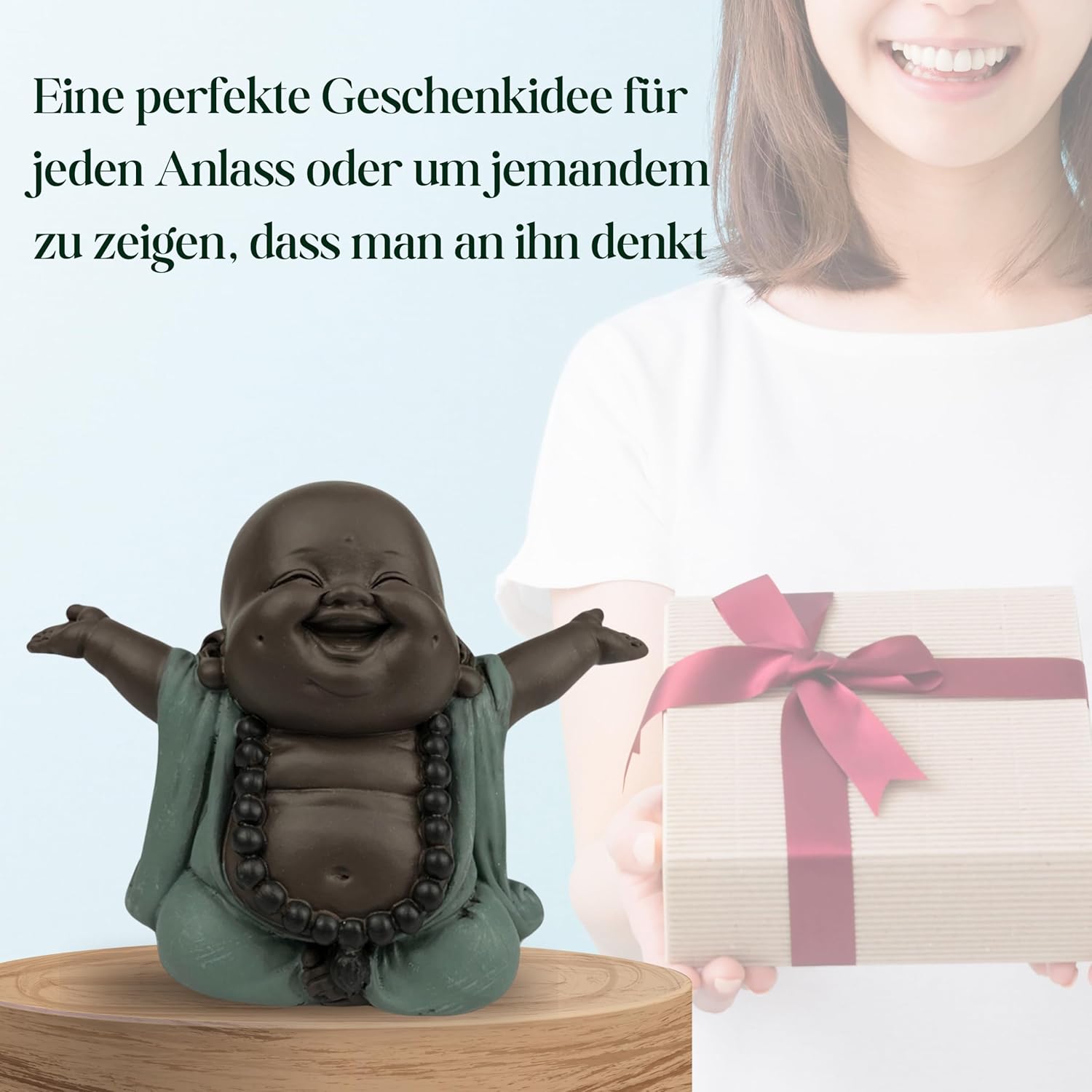 Lachender Buddha Willkommen - Glücksbringer Statue - Zen und Feng Shui Dekoration - für eine entspannende und spirituelle Atmosphäre - Geschenkidee - Breite: 9cm - Farbe: Grün und Braun - Zen'Light