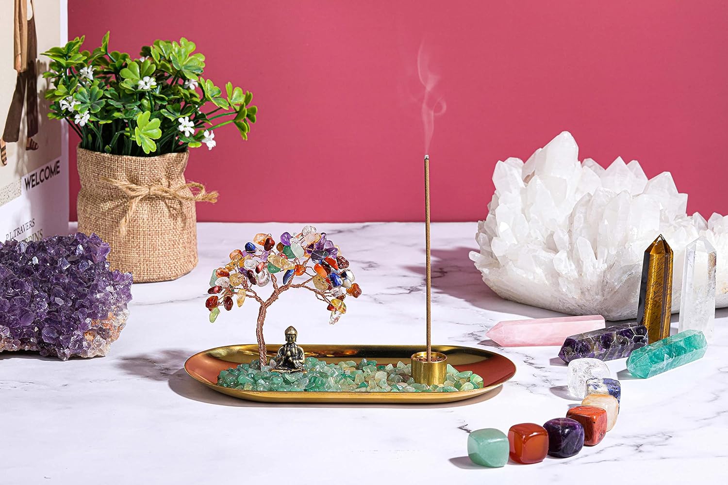 JSDDE 7 Chakra Edekstein Lebensbaum Deko mit 9 Loch Räucherstäbchen Halter Feng Shui Baum aus Heilstein Geldbaum Glücksbringer Zimmer Tisch Büro Dekoration