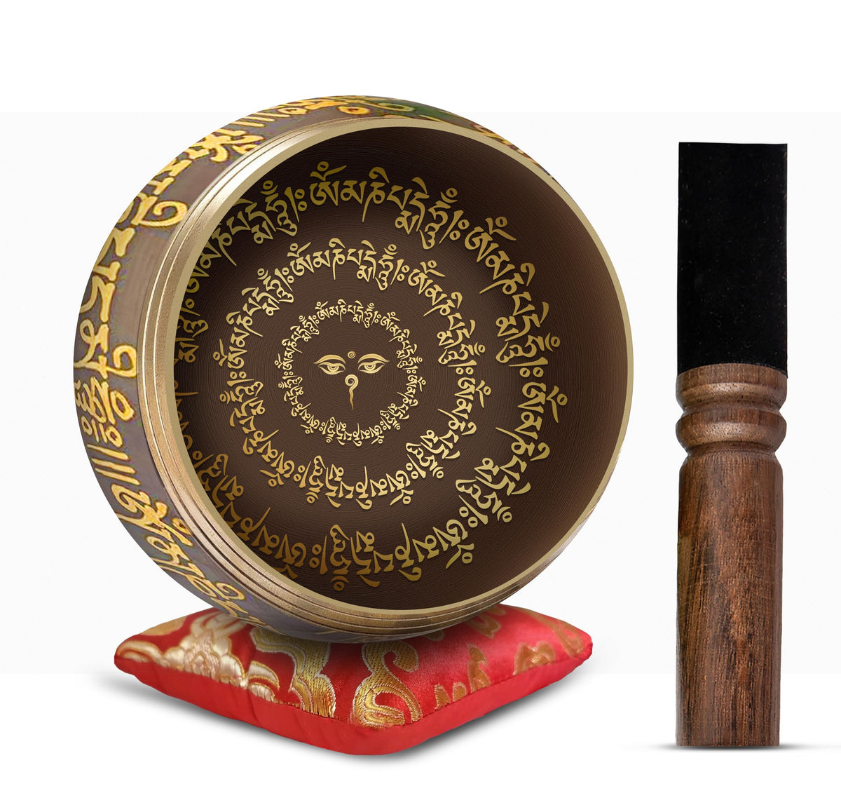 Premium Tibetan Singing Bowl Set – Handmade in Nepal Sound & Meditation Bowl – Spiritual Decor for Yoga, Wellness Spaces & Relaxation by Himalayan Bazaar (Brown & Red)