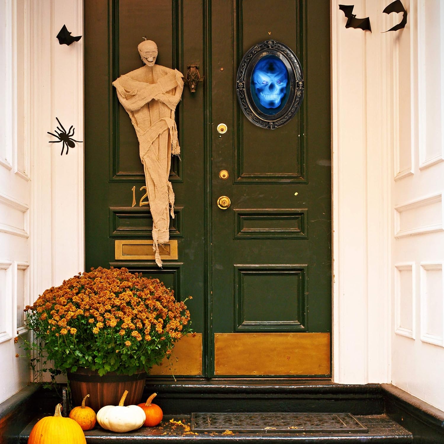 TRIXES Schwarz-Goldener Sprechender Halloween - Spiegel mit Gruseligem Bild - Doppelsensor - Bewegung und Ton aktivierte - Spukhaus Dekoration