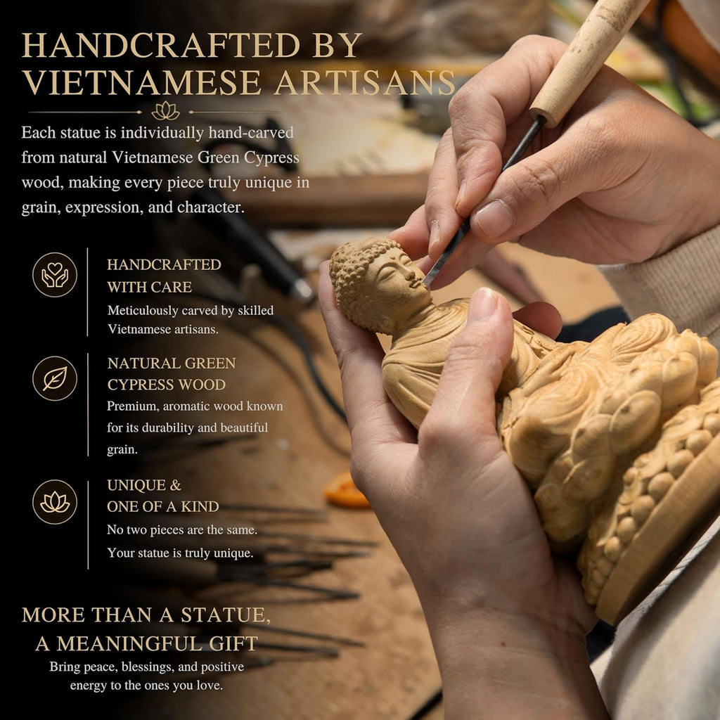 Wooden Buddha Statue with Gift Box and 108 Bead Mala - Hand Carved Shakyamuni Buddha 15cm/6in for Meditation, Altar, Zen Decor - Buddhist Spiritual Gift Set for Peace and Mindfulness