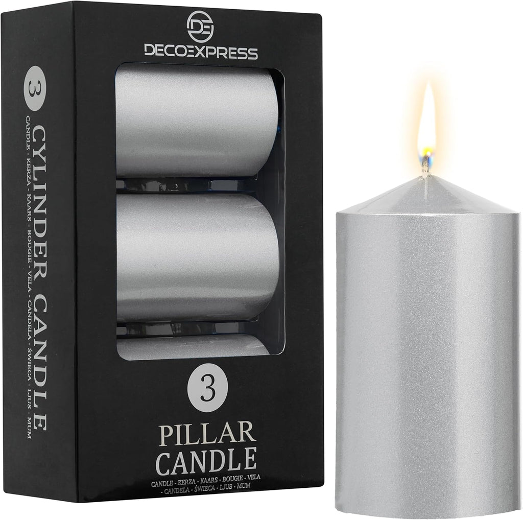 DECO EXPRESS Metallic Pillar Candle Set, 3 Pack, Candles Long Burn Time, 30 Hours, Odourless (Silver - Pack of 3)