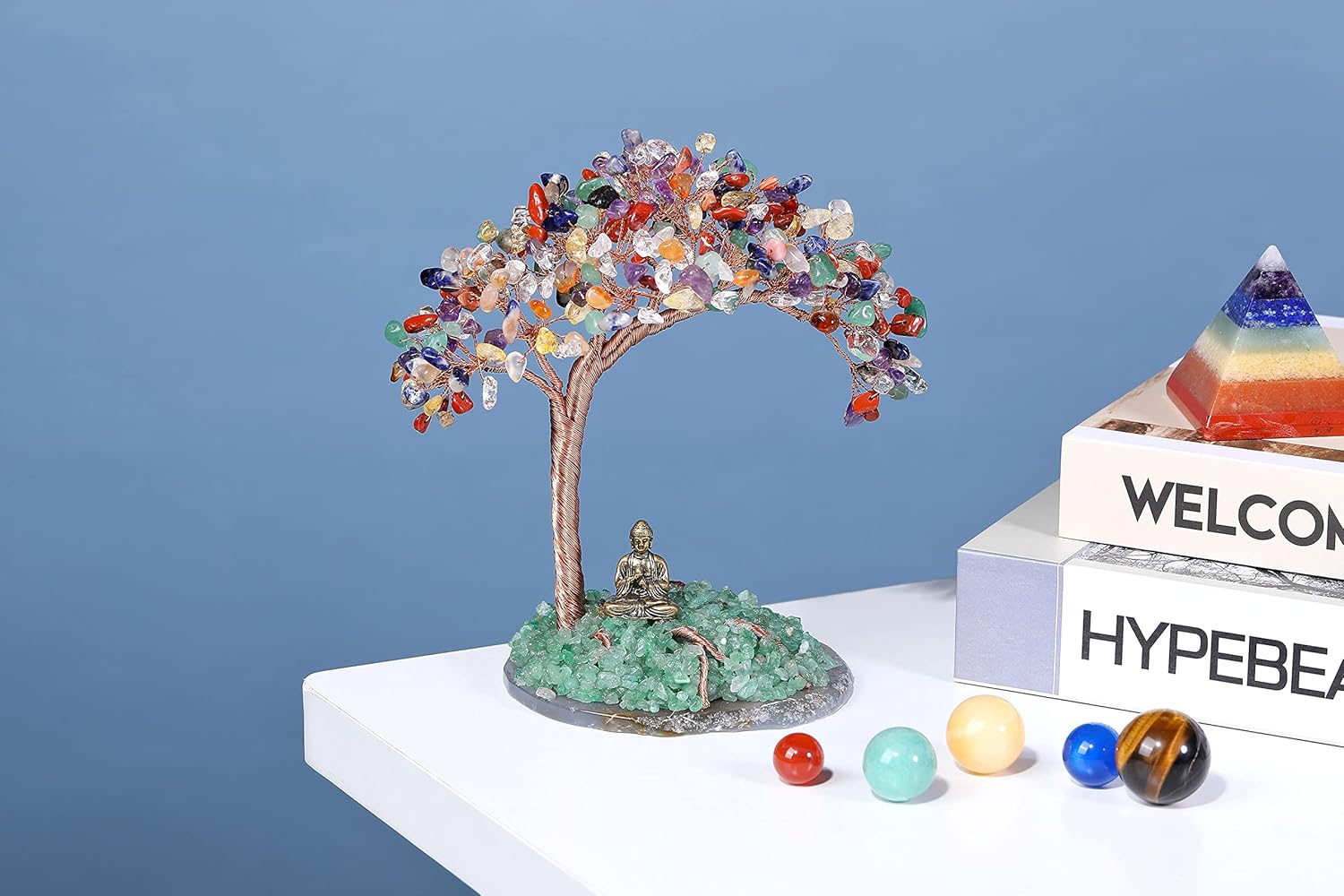 GEHECRST Feng Shui Geldbaum Buddha Figur Lebensbaum Deko mit Achat Basis Heilstein Glücksbringer Baum Trommelsteine Glückbaum Dekoration für Reichtum Glück Gesundheit (7 Chakra)