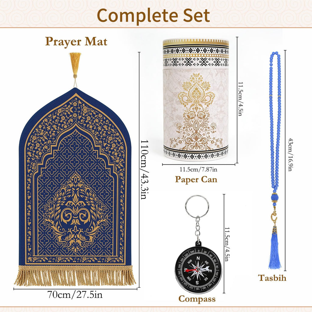 Prayer Mat Ramadan Gifts - Blue Prayer Rug Islamic Praying Tasbih Beads Compass, Muslim Praying Carpet for Men Women Eid Salah Meditation Namaz, Gifts for Eid Ramadan