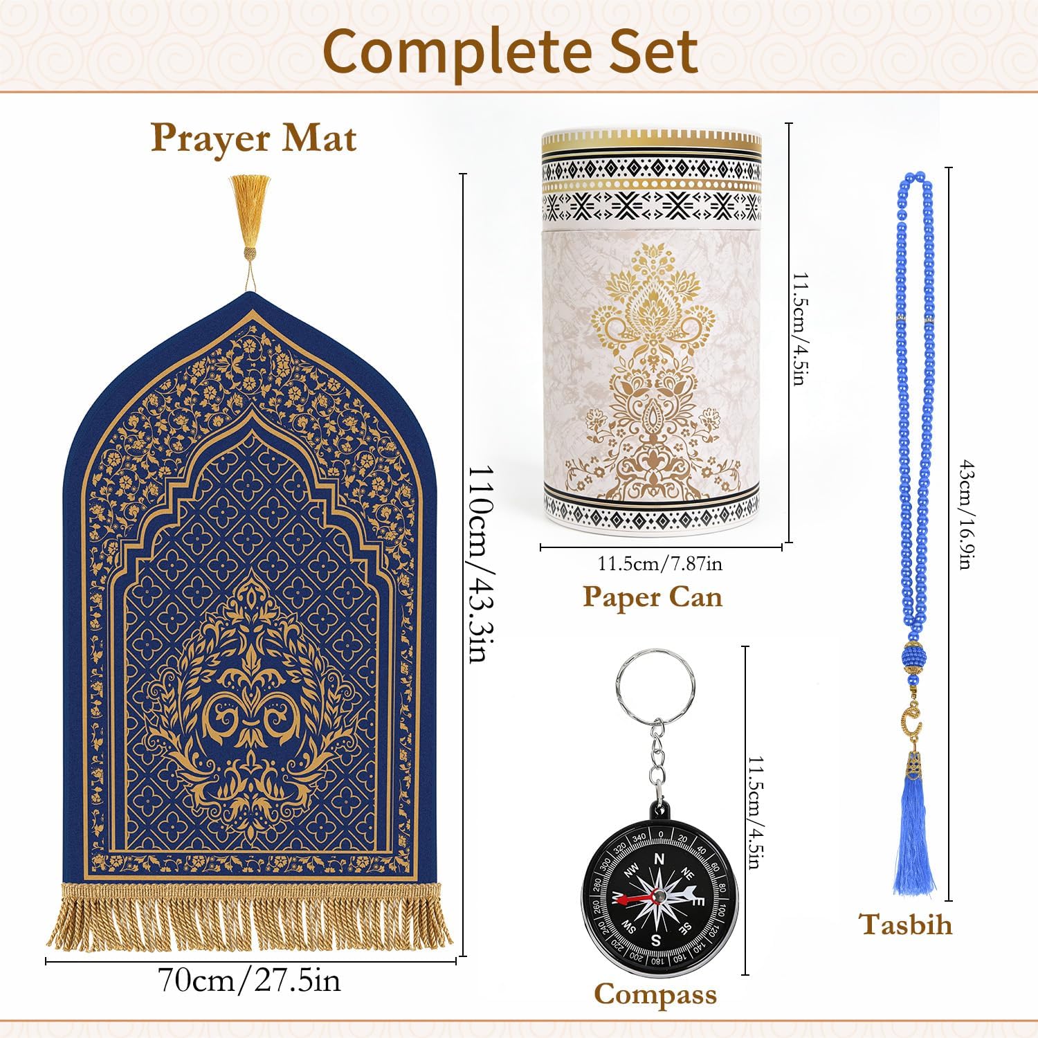 Prayer Mat Ramadan Gifts - Blue Prayer Rug Islamic Praying Tasbih Beads Compass, Muslim Praying Carpet for Men Women Eid Salah Meditation Namaz, Gifts for Eid Ramadan