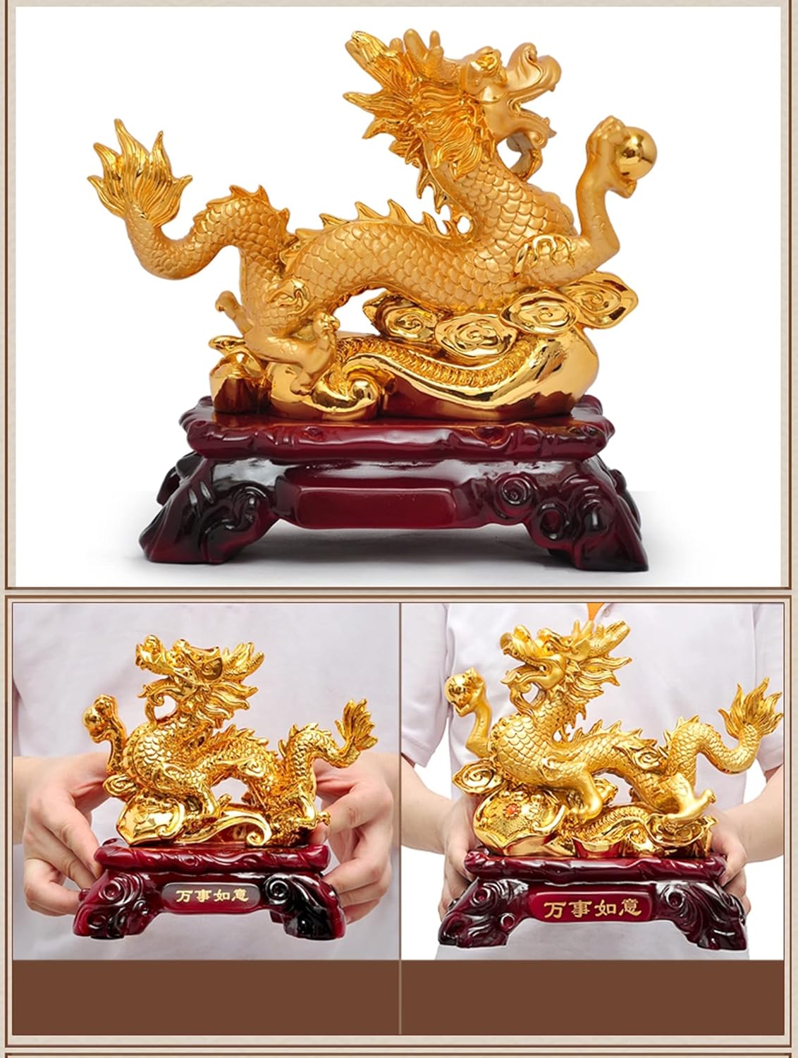 Uziqueif Feng Shui Geld Glück Glücklicher Vermögen Reichtum Chinesische Drache Statue Münze Home Büro Dekoration Tischtischornamente Gute Glücksgeschenke, Harz,Gold,33 * 17 * 31cm